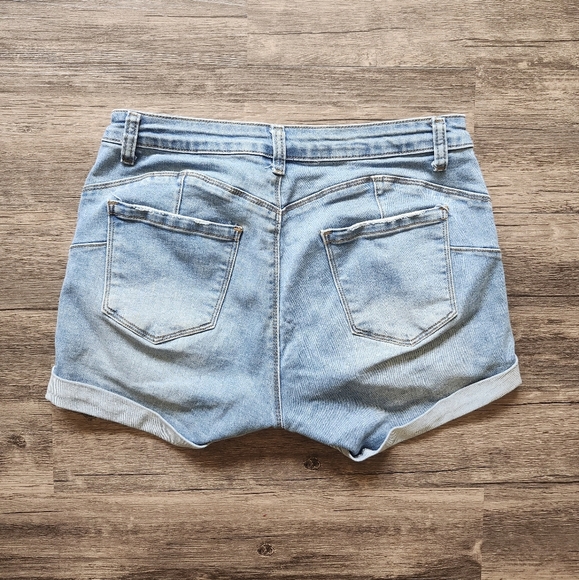 Hocaies Distressed Mid Rise Denim Shorts with Folded Cuffs - Picture 2 of 4